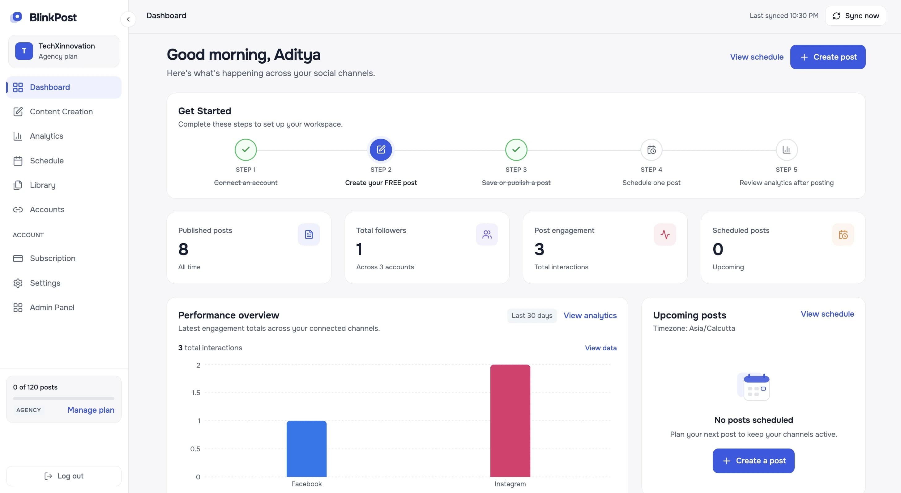 BlinkPost dashboard showing connected social channels, content creation, post scheduling, and engagement analytics