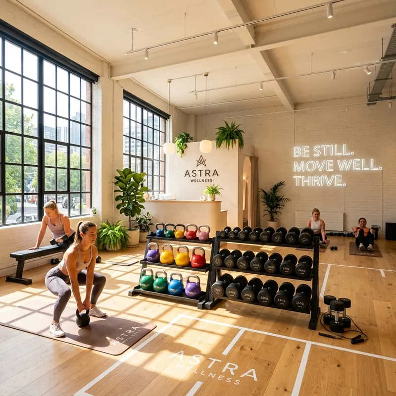 Bright sunlit boutique fitness gym interior with kettlebells, dumbbells, and clean wooden floors in an uplifting workout atmosphere