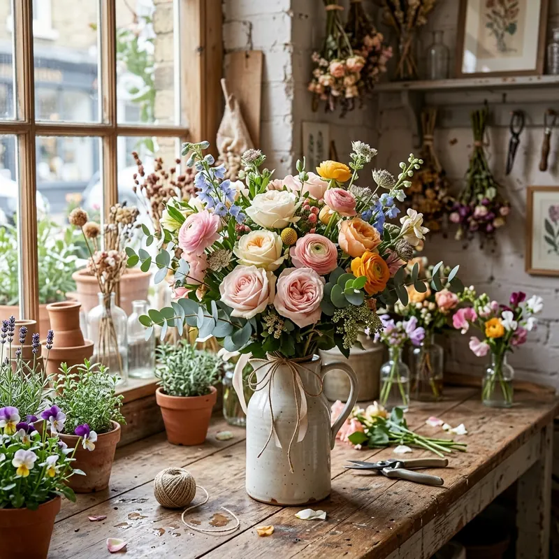 Stunning hand-tied bouquet of fresh garden roses, ranunculus, and eucalyptus in a rustic pitcher vase on a wooden florist workbench
