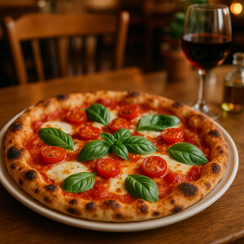 Freshly baked wood-fired Margherita pizza with melted mozzarella, fresh basil leaves, and blistered crust on a rustic restaurant table with a glass of red wine