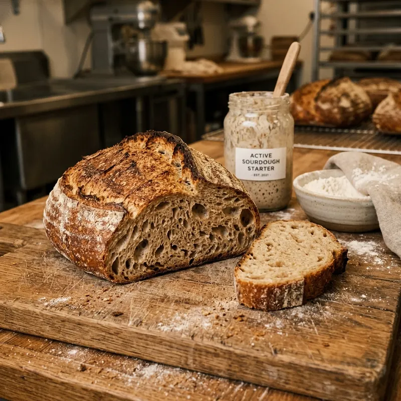 Freshly baked artisan sourdough loaf sliced open on a rustic wooden board showing open crumb structure and starter jar