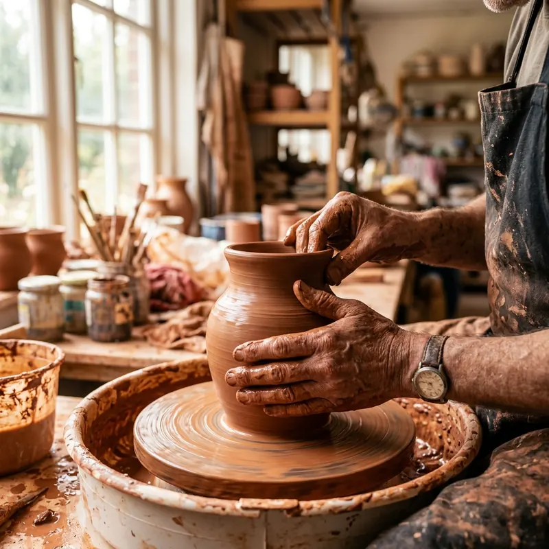 Artisan potter hands shaping a terracotta clay vase on a spinning pottery wheel in a sunlit craft workshop