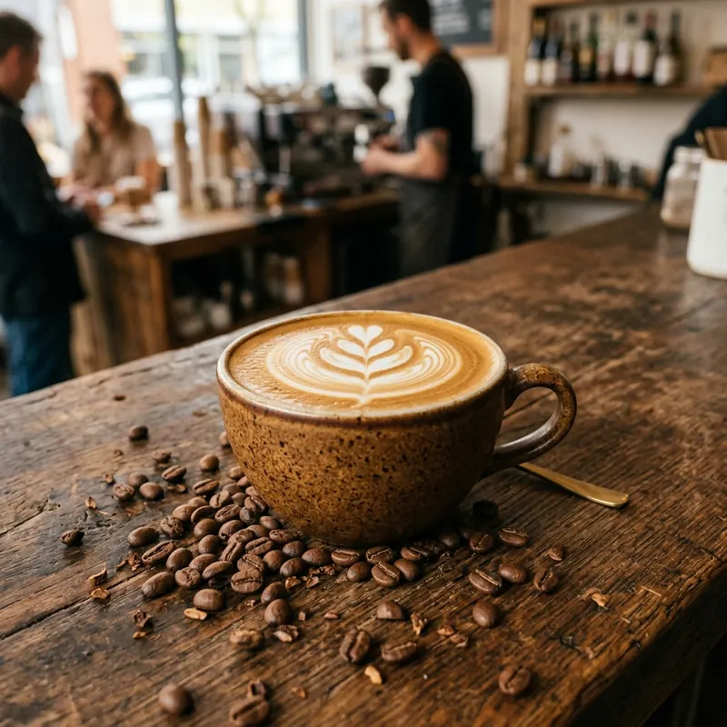 Freshly brewed latte with intricate rosette latte art in a speckled ceramic cup on a rustic wooden coffee bar with roasted coffee beans