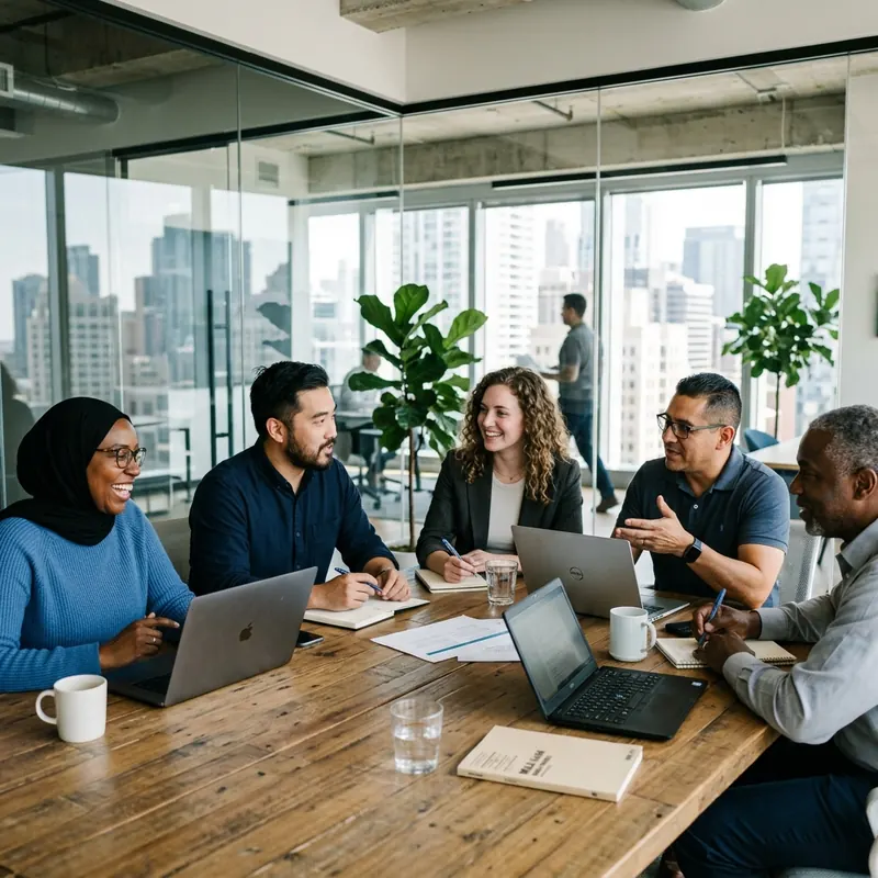 Professional diverse business team collaborating around a modern wooden table in a sunlit contemporary office with laptops and notebooks