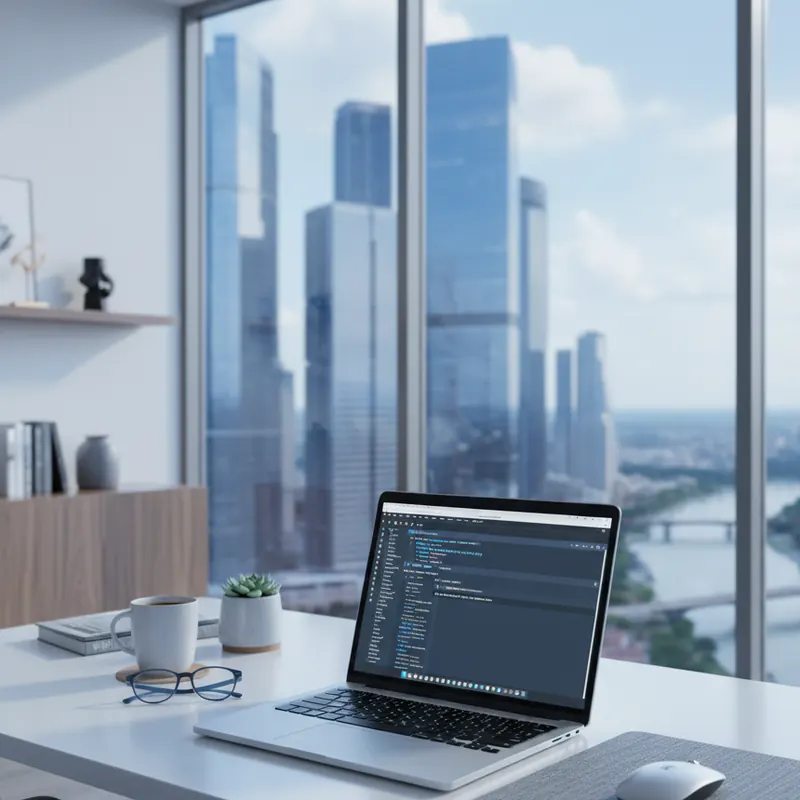 Minimalist executive workspace with laptop, code editor, and notebook on a white desk overlooking a modern downtown cityscape