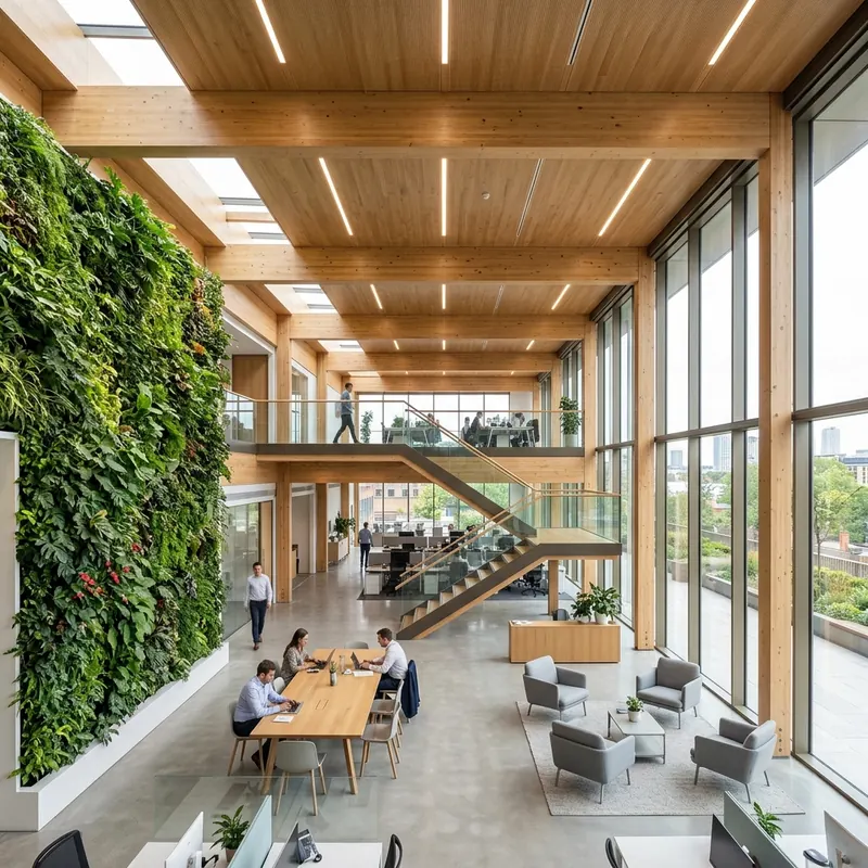 Interior architectural view of a modern sustainable commercial office with exposed mass timber beams, a living vertical plant wall, and natural daylight